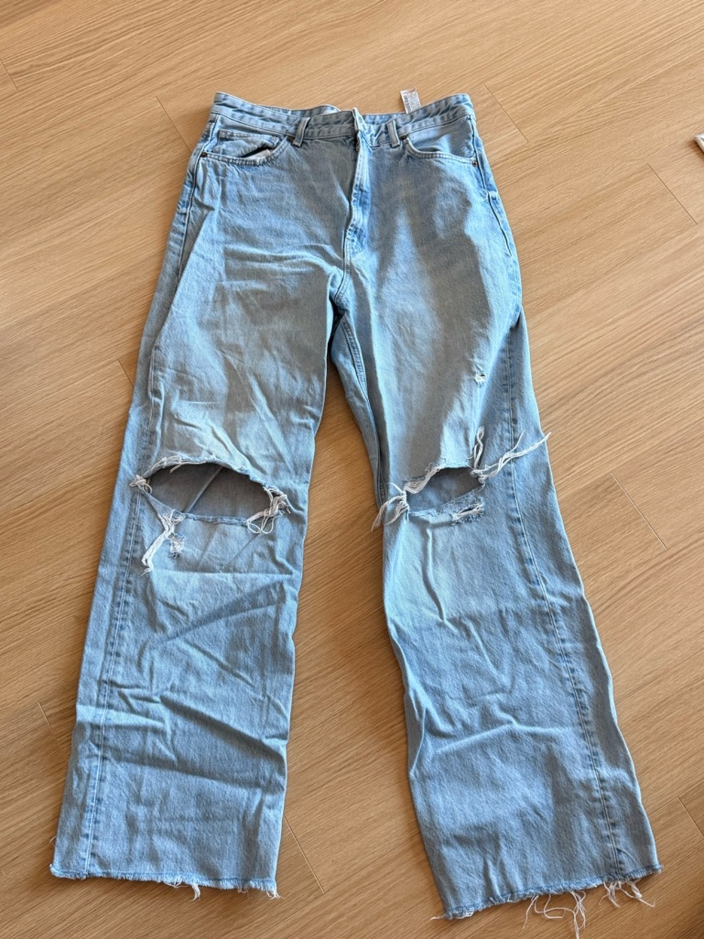 Zara Light Blue Distressed Wide-Leg Jeans
